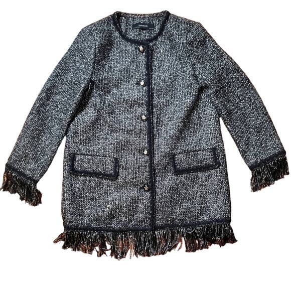 Zara Black metallic Tweed fringe jacket size XS - Picture 3 of 8
